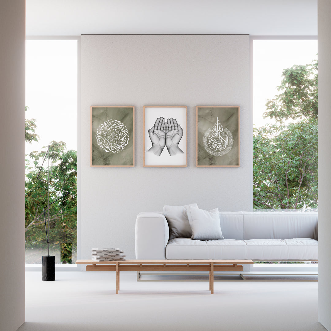 3x Islam Plakater | Al-Ikhlas, Ayatul Kursi & Islamisk Bøn (Dua Hænder) i Moderne Stil