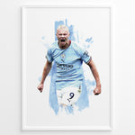 Ladda upp bild till gallerivisning, Erling Haaland celebrating in Manchester City light blue jersey artistic framed plakat