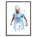 Ladda upp bild till gallerivisning, Erling Haaland celebrating in Manchester City light blue jersey artistic framed plakat