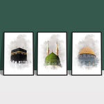 Ladda upp bild till gallerivisning, 3x Islam Plakater | Kaaba Mecca, Masjid an-Nabawi & Al-Aqsa Mosque Islamisk Plakater