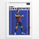 Ladda upp bild till gallerivisning, Robert Lewandowski plakat i FC Barcelona-trøje med moderne grafisk design og signatur
