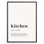 Ladda upp bild till gallerivisning, Minimalist kitchen definition poster with black text describing the kitchen as the heart of a home on a light background in a black frame.
