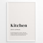 Ladda upp bild till gallerivisning, Minimalist kitchen definition poster with black text describing the kitchen as the heart of a home on a light background in a white frame.
