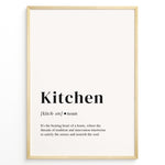 Ladda upp bild till gallerivisning, Minimalist kitchen definition poster with black text describing the kitchen as the heart of a home on a light background in a golden frame.
