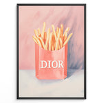 Ladda upp bild till gallerivisning, Pop art print plakat of golden fries in a pink designer-style bag with artistic pink and purple background.
