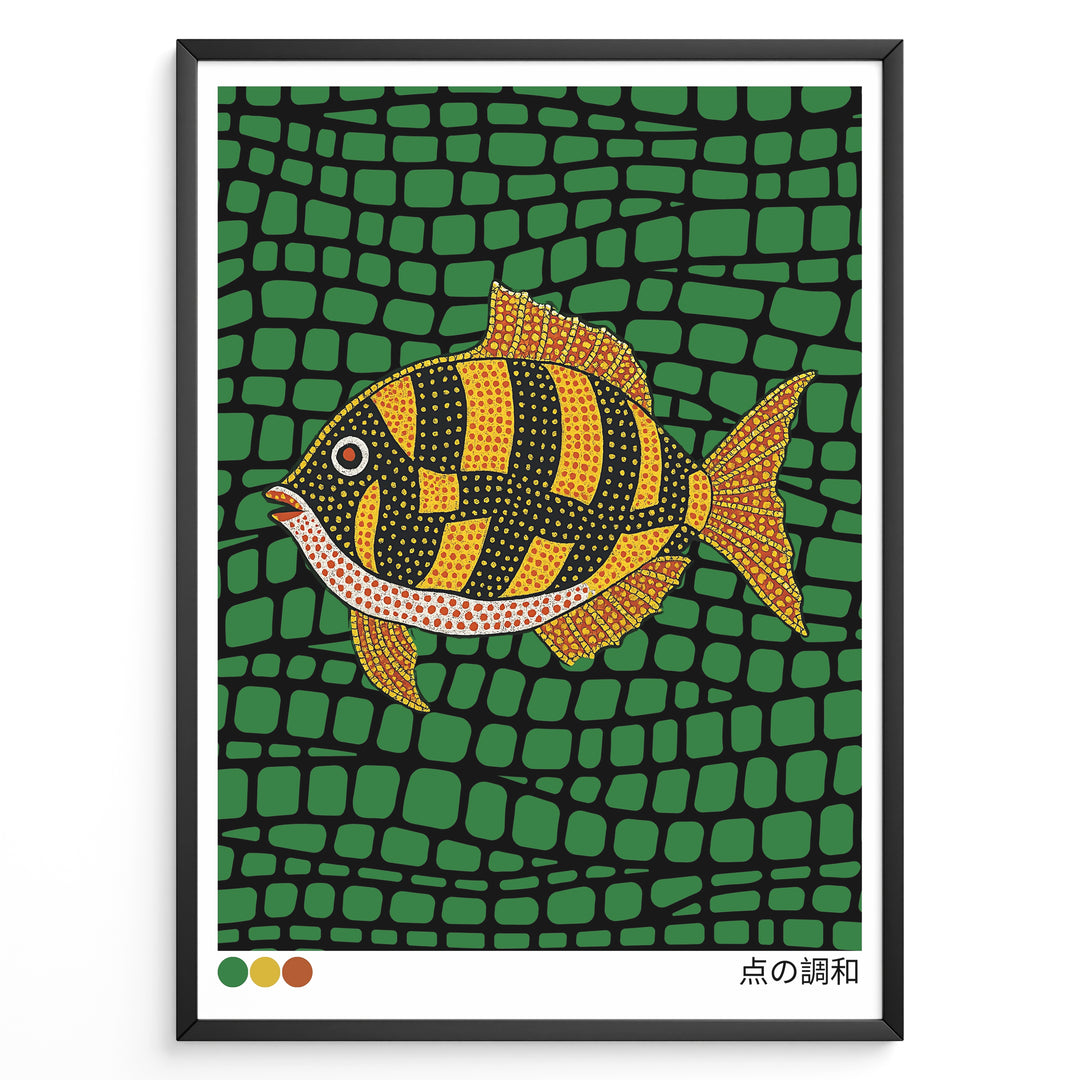Colorful Japanese dot art illustration of a fish on a green patterned background in a framed poster.
