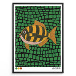 Ladda upp bild till gallerivisning, Colorful Japanese dot art illustration of a fish on a green patterned background in a framed poster.
