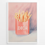 Ladda upp bild till gallerivisning, Pop art print plakat of golden fries in a pink designer-style bag with artistic pink and purple background.
