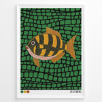 Ladda upp bild till gallerivisning, Colorful Japanese dot art illustration of a fish on a green patterned background in a framed poster.
