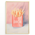 Ladda upp bild till gallerivisning, Pop art print plakat of golden fries in a pink designer-style bag with artistic pink and purple background.

