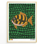 Ladda upp bild till gallerivisning, Colorful Japanese dot art illustration of a fish on a green patterned background in a framed poster.
