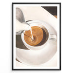 Ladda upp bild till gallerivisning, Coffee art print plakat showing milk being poured into a cup of espresso, creating a swirl pattern in a white cup on a saucer.
