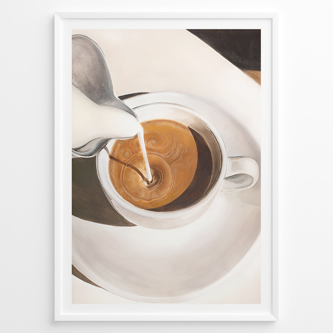 Coffee art print plakat showing milk being poured into a cup of espresso, creating a swirl pattern in a white cup on a saucer.