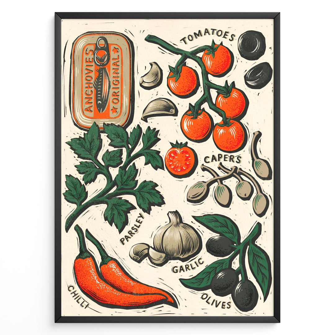 Rustic Mediterranean ingredients poster with illustrated tomatoes, garlic, olives, parsley, chili, and anchovies on a cream background in a black frame.