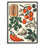 Ladda upp bild till gallerivisning, Rustic Mediterranean ingredients poster with illustrated tomatoes, garlic, olives, parsley, chili, and anchovies on a cream background in a black frame.

