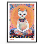 Ladda upp bild till gallerivisning, Colorful illustration of a meditating cat with a radiant halo and intricate patterns in a framed poster.
