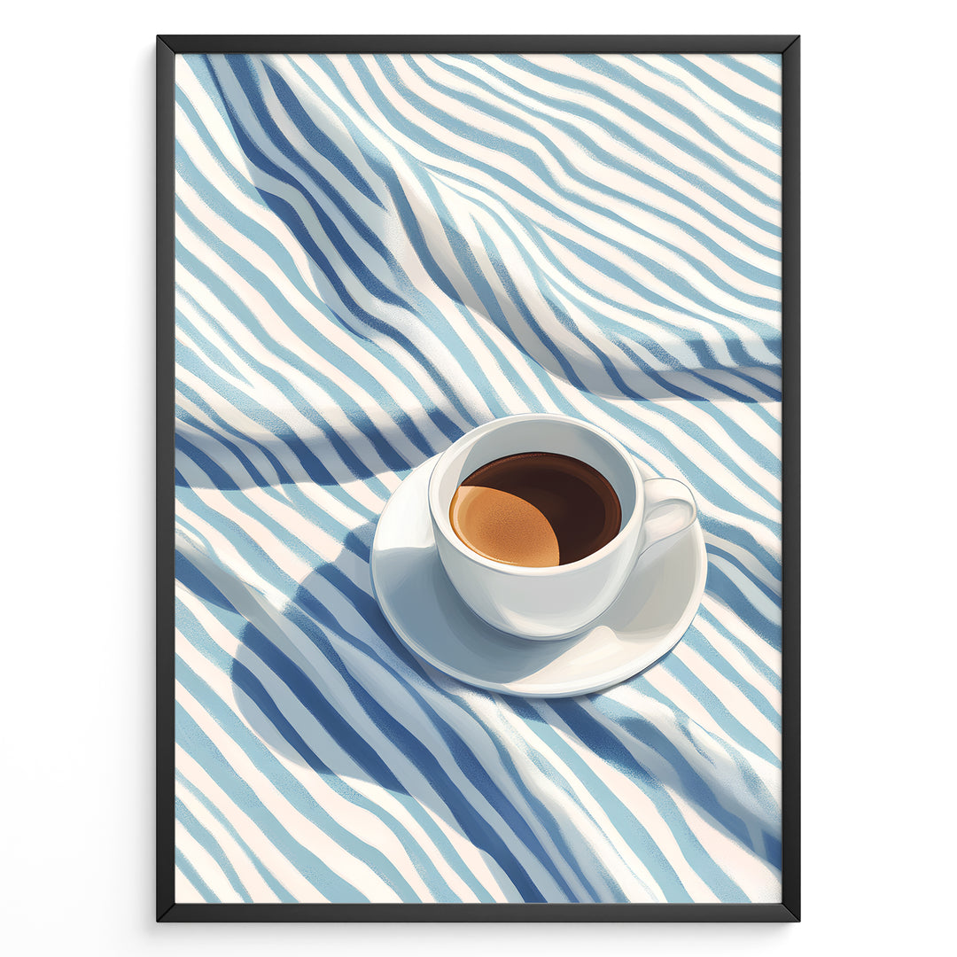 Minimalist espresso art print plakat featuring a white coffee cup on blue and white striped fabric in a black frame.