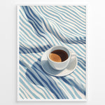 Ladda upp bild till gallerivisning, Minimalist espresso art print plakat featuring a white coffee cup on blue and white striped fabric in a White frame.
