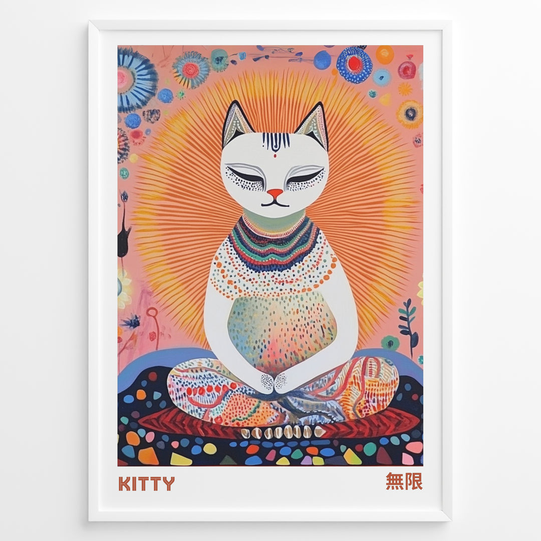 Colorful illustration of a meditating cat with a radiant halo and intricate patterns in a framed poster.