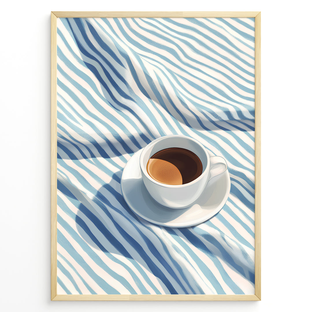 Minimalist espresso art print plakat featuring a white coffee cup on blue and white striped fabric in a Golden frame.