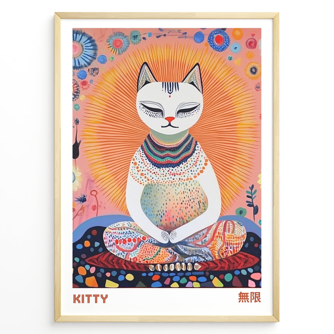 Colorful illustration of a meditating cat with a radiant halo and intricate patterns in a framed poster.