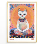 Ladda upp bild till gallerivisning, Colorful illustration of a meditating cat with a radiant halo and intricate patterns in a framed poster.

