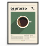 Ladda upp bild till gallerivisning, Modern espresso poster with minimalist coffee cup illustration on a green background and Italian design details in a black frame.
