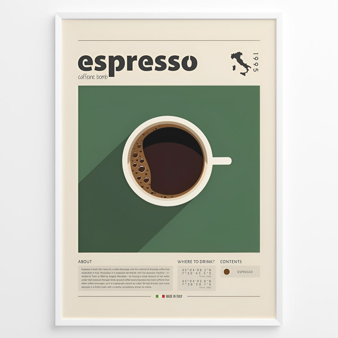 Modern espresso poster with minimalist coffee cup illustration on a green background and Italian design details in a white frame.
