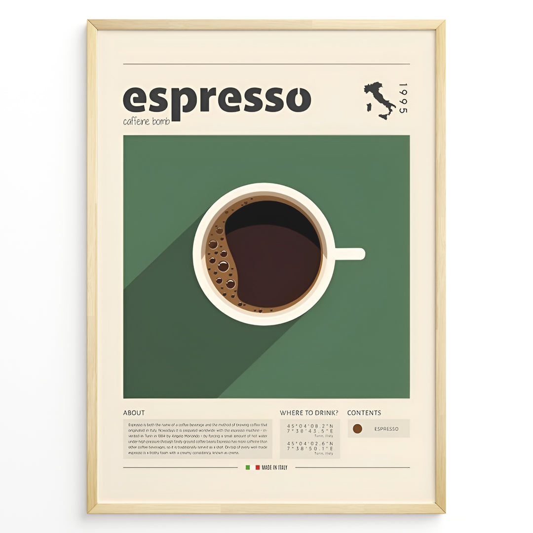 Modern espresso poster with minimalist coffee cup illustration on a green background and Italian design details in a golden frame.