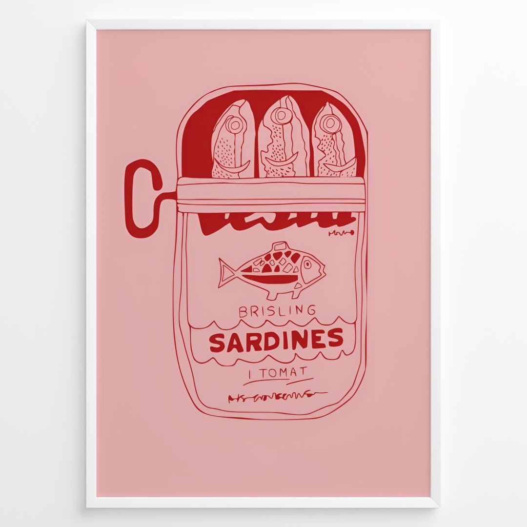 Retro kitchen poster featuring a red line illustration of a sardine tin labeled “Brisling Sardines i Tomat” on a pink background, framed in white.