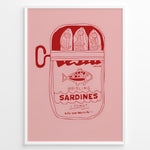 Ladda upp bild till gallerivisning, Retro kitchen poster featuring a red line illustration of a sardine tin labeled “Brisling Sardines i Tomat” on a pink background, framed in white.
