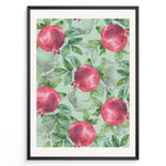 Ladda upp bild till gallerivisning, Watercolor botanical poster featuring red pomegranates with green leaves on a mint green background, framed in black.
