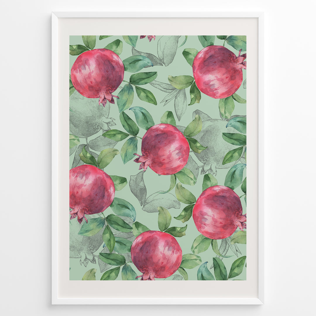 Watercolor botanical poster featuring red pomegranates with green leaves on a mint green background, framed in white.