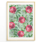 Ladda upp bild till gallerivisning, Watercolor botanical poster featuring red pomegranates with green leaves on a mint green background, framed in golden.
