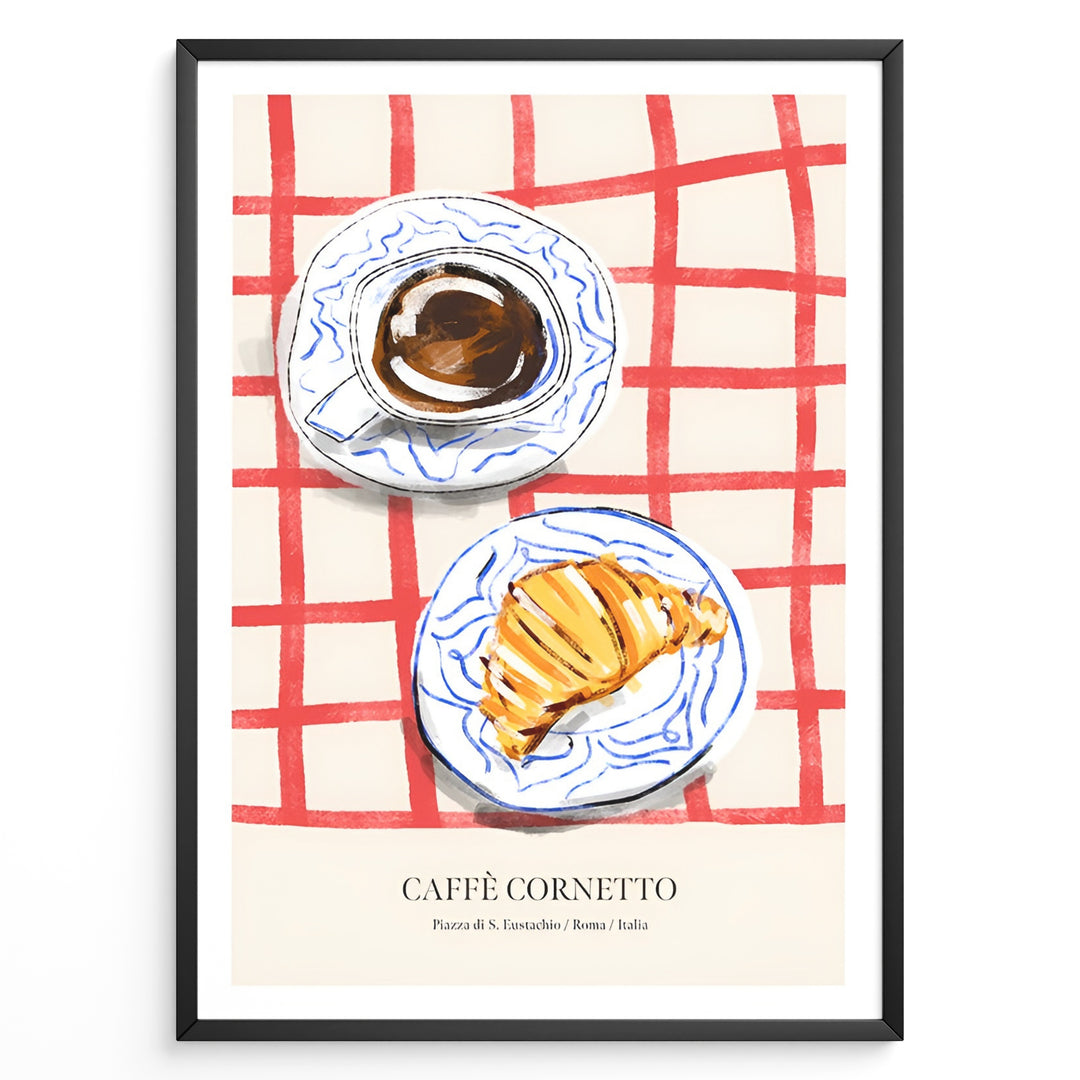 Italian breakfast poster with espresso and croissant on blue-patterned plates over a red checkered tablecloth, titled “Caffè Cornetto.”