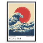Ladda upp bild till gallerivisning, Hokusai-inspired illustration of a large blue wave with a red sun in a minimalist framed poster.
