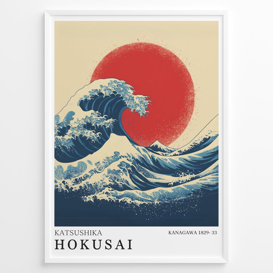 Hokusai-inspired illustration of a large blue wave with a red sun in a minimalist framed poster.