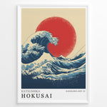 Ladda upp bild till gallerivisning, Hokusai-inspired illustration of a large blue wave with a red sun in a minimalist framed poster.
