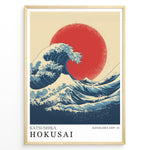 Ladda upp bild till gallerivisning, Hokusai-inspired illustration of a large blue wave with a red sun in a minimalist framed poster.
