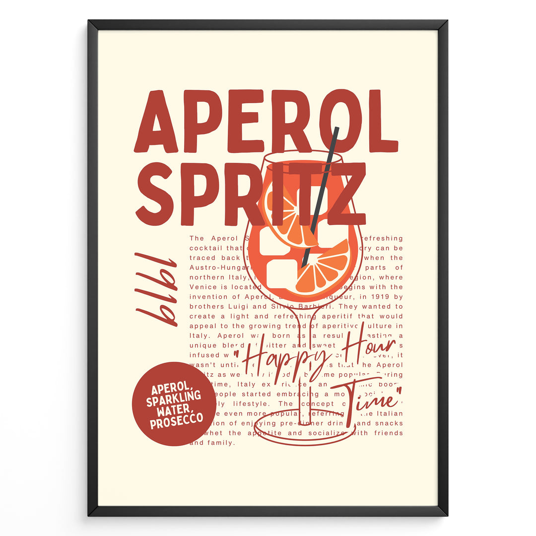 Aperol Spritz art print plakat with orange cocktail illustration, modern typography, and text details in a black frame on beige background.