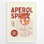 Ladda upp bild till gallerivisning, Aperol Spritz art print plakat with orange cocktail illustration, modern typography, and text details in a black frame on beige background.
