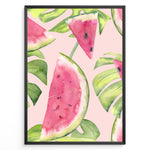Ladda upp bild till gallerivisning, Watercolor poster featuring watermelon slices and tropical green leaves on a soft pink background, framed in black.
