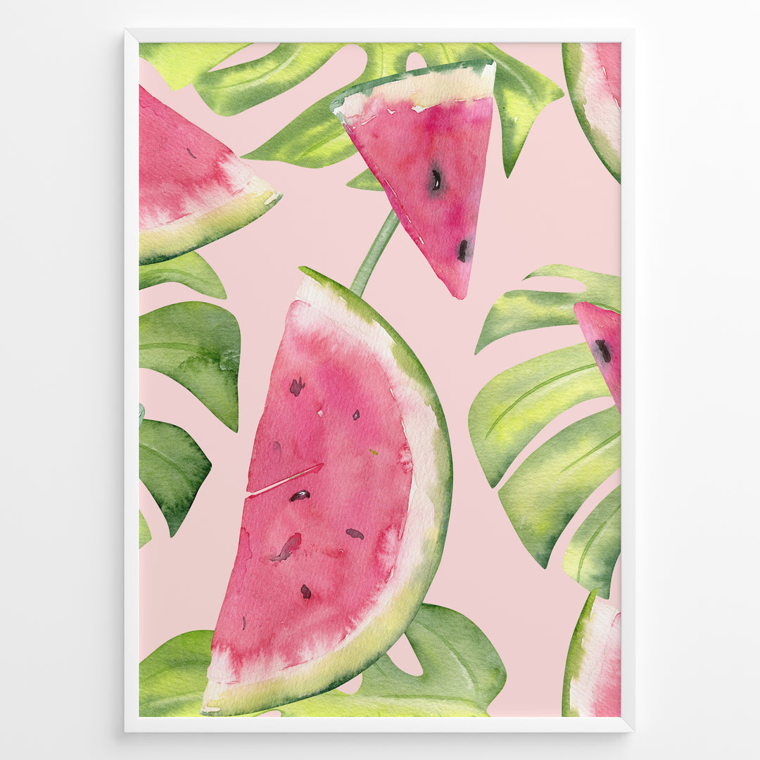 Watercolor poster featuring watermelon slices and tropical green leaves on a soft pink background, framed in white.
