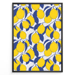 Ladda upp bild till gallerivisning, Bright lemon pattern poster with yellow lemons and blue leaves on a white background, framed in black.
