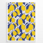 Ladda upp bild till gallerivisning, Bright lemon pattern poster with yellow lemons and blue leaves on a white background, framed in white.
