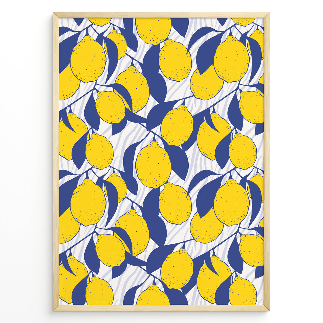 Bright lemon pattern poster with yellow lemons and blue leaves on a white background, framed in golden.