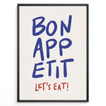 Ladda upp bild till gallerivisning, Minimalist poster with blue handwritten text “Bon Appétit” and red “Let’s Eat!” on a white background, framed in black.
