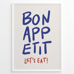 Ladda upp bild till gallerivisning, Minimalist poster with blue handwritten text “Bon Appétit” and red “Let’s Eat!” on a white background, framed in white.
