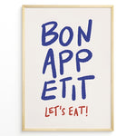 Ladda upp bild till gallerivisning, Minimalist poster with blue handwritten text “Bon Appétit” and red “Let’s Eat!” on a white background, framed in golden.
