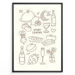 Ladda upp bild till gallerivisning, Minimal line art poster featuring doodles of wine, bread, cheese, fruit, and text “G’Day Lovers” on a cream background framed in black.
